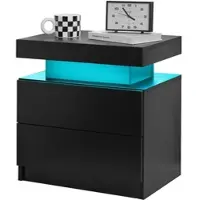 OKWISH Nachttisch Holzwerkstoff Schwarz mit LED-Beleuchtung und 2 Schubladen, leicht zu montieren