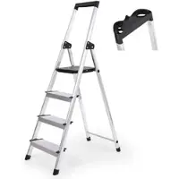 Sekey Aluminium Stehleiter 4 Stufen Trittleiter Klappbar Haushaltsleiter, XXL-Stufen belastbar bis 150 kg, Klapptritt mit Ablage, Silber