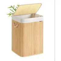 Helloshop26 Wäschekorb - - 95L - Bambusdeckel - Abnehmbarer Sack - Faltbare Griffe