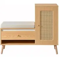 OKWISH Schuhschrank aus MDF und Spanplatte in Natur mit Rattan-Optik, Sitzbank und 95,5 x 35 x 80,5 cm