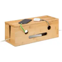 Relaxdays Kabelbox für 2 Steckdosenleisten, Bambus, HxBxT: 15,5 x 42 x 16 cm, Kabel verstecken, Steckdosenbox, natur