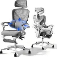 FlexiSpot Ergonomischer Bürostuhl mit 3D-Kopfstütze, verstellbarer Lendenstütze, Wippfunktion 90–135°, Verbindungsarmlehnen, Fußstütze, 136 kg, Grau