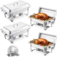 Vevor Hot Pot Buffet-Set, 4-teilig, Edelstahl-Speisenwärmer (7,5 l), rechteckiger Catering-Wärmer mit Deckel und Auffangwannenhalter und Brennstoffregal-Puffer, Silber