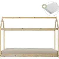 Sunny Zoey Hausbett aus Holz in Naturfarben | Kinderbett in Haus Form Mit Matratze | Einzelbett in 206 x 98 x 154 cm | Für Matratzengröße: 90 x 200