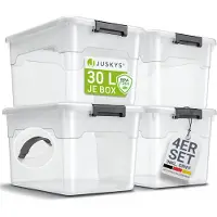 Juskys Aufbewahrungsbox mit Deckel - 4er Set Kunststoff Boxen 30l - Box groß, stapelbar, transparent - Aufbewahrung Ordnungssystem Aufbewahrungsboxen