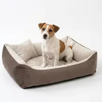 4L Textil TEO Hundekorb mittelgroße Hunde Kuscheliges Hundebett mit Bezug Hundekissen flauschig Hundekörbchen Hundesofa (60x40 cm, Braun/Beige)