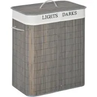 OKWISH Wäschekorb aus Bambus in Grau, 52x32x63 cm, 2 Fächer, mit Deckel und Griffen