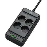 Plastrol Überspannungsschutz, 4x Schuko-Steckdose, 3x USB-A, 1x USB-C, schwarz
