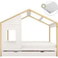 Sunny Beau Hausbett aus Holz mit Schublade in Braun & Weiß | Kinderbett mit Matratze | Einzelbett in 208 x 97 x 171 cm | Für Matratzengröße: 90 x 200