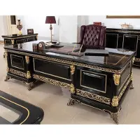 Casa Padrino Luxus Barock Büromöbel Set Bordeauxrot / Schwarz / Gold - 1 Barock Schreibtisch & 1 Barock Chesterfield Bürostuhl mit edlem Kunstleder - Prunkvolle Barock Büromöbel
