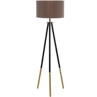 Eglo Stehlampe Bidford, Stehleuchte Vintage, Standleuchte aus Holz, Stahl und Textil, Wohnzimmerlampe in Dunkelbraun, Lampe mit Tritt-Schalter, E27