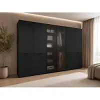 MOEBLO Drehtürenschrank, Falttürenschrank 6-türig Schrank mit Einlegeböden und Kleiderstange, Schlafzimmer - Schrank Minewra 300 - Schwarz Flutes
