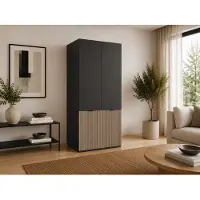 MOEBLO Drehtürenschrank mit Schubladen Falttürenschrank 2-türig Schrank mit Einlegeböden und Kleiderstange, Schlafzimmer - Schrank Minewra 100 - Schwarz + Sento