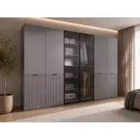 MOEBLO Drehtürenschrank, Falttürenschrank 6-türig Schrank mit Einlegeböden und Kleiderstange, Schlafzimmer - Schrank Minewra 300 - Grau Flutes
