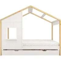 Sunny Beau Hausbett aus Holz mit Schublade in Braun & Weiß | Kinderbett ohne Matratze | Einzelbett in 208 x 97 x 171 cm | Für Matratzengröße: 90 x