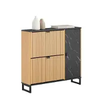 SoBuy Schmaler Eingangs-Schuhschrank - 2 Klappen und Seitentür - 90 x 24 x 88 cm - Skandinavisches Design - Kompakt - Schwarz/helles Holz