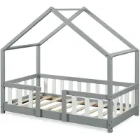 En.casa Kinderbett ’Treviolo‘ in Haus-Optik mit Rausfallschutz Kiefernholz 70 x 140 cm Hellgrau / Weiß