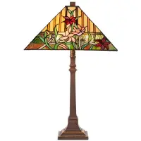 Casa Padrino Luxus Tiffany Tischleuchte mit Blumendesign Braun / Mehrfarbig 40 x 40 x H. 62 cm - Tiffany Lampe mit handgefertigtem Glas Lampenschirm