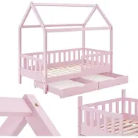 Juskys Kinderbett Marli 90 x 200 cm mit Matratze, Bettkasten, Lattenrost & Dach - Holz Rosa