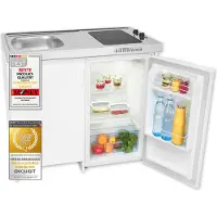 Exquisit Mini-Küche KK2085 weiss | Kühlschrank mit 76 l Nutzinhalt | Glaskeramik-Kochfeld | Edelstahl-Spüle | Spülschrank