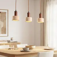 LumenXL Japandi-Hängelampe Muro mit drei Travertin-Schirmen (Naturstein) und Holzakzenten