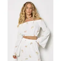 Apricot Klassische Bluse "Bardot-Crop-Top", Damen, Gr. XS (34), weiß, gewebt, Obermaterial: 89% Viskose CV. 11% Leinen LI., gemustert, Blusen Klassische Bluse, mit Paisley-Stickerei