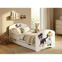 Happy Babies Kinderbett mit Rausfallschutz Junge 140x70 Bett für Kinderzimmer mit Schublade Matratze Einzelbett für Kinder Blau Hundemotiv