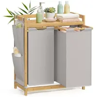 Helloshop26 Wäschekorb - - 3 Fächer - Bambus - 100 Liter - Grau Taube