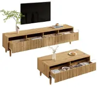 Nobrand LED-Möbelset, TV-Ständer mit 4 Türen und Couchtisch mit 2 Schubladen, Holz, Golddesign, Welleneffekt und Acrylfront