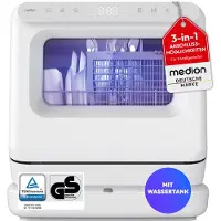 Medion Mini Geschirrspüler DWT30, 3 Maßgedecke, 3in1 Tischgeschirrspüler, mit/ohne Wasseranschluss, Tank Eimer & Anschluss, 6 Programme, UV-Licht, Lüfter-Trocknung, freistehend, Camping, MD370022