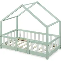 En.casa Kinderbett ’Treviolo‘ in Haus-Optik mit Rausfallschutz Kiefernholz 70 x 140 cm Mintgrün / Weiß