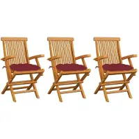 vidaXL Gartenstühle mit Weinroten Kissen 3 Stk. Massivholz Teak