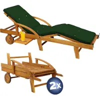 Casaria Sonnenliege 2er Set Holz inkl. Auflage Grün 320kg Belastbar 2 Personen Klappbar Gartenliege Räder 195x55cm Verstellbar Ablage Akazie Liege Terrasse Wetterfest