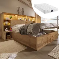 OKWISH Stauraumbett 160x200 Doppelbett Stauraum mit Hydraulik Kopfteil-Regal mit LED und USB-A/USB-C Schlafzimmer Eiche -mit Matratze