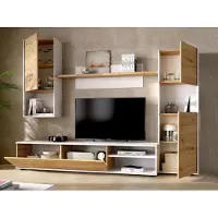 Dmora Wohnwand Dzuell, TV-Ständer-Wohnzimmerset, Mehrzweck-Wohnzimmermöbel, 220 x 41 x 180 cm, Node Oak und Weiß