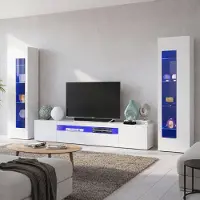 Dmora Wohnzimmermöbel Dcontin, TV-Ständer Wohnzimmergarnitur, Mehrzweck-Wohnzimmermöbel, 100% Italy, cm 290x40h162, glänzend weiß