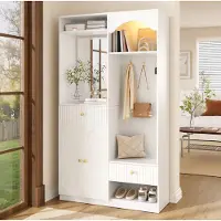 STILVORA Kompaktgarderobe mit Spiegel und Sitzbank, Flurgarderobe mit Schuhschrank und Kleiderhaken, Flurmöbel Set mit LED-Streifen und Farbwechsel