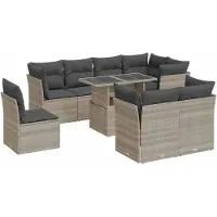 vidaXL 9-tlg. Garten-Sofagarnitur mit Kissen Hellgrau Poly Rattan