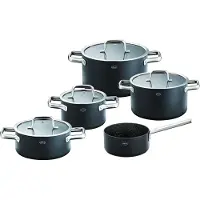 Rösle Topf-Set "EBONIC 9-tlg. Topfset, ProNero" Set, 3 Kochtöpfe mit Deckel, 1 Bratentopf mit Deckel, 1 Stielkasserolle, 9 tlg. Aluminium Edelstahl