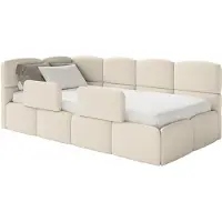 Selsey Cloudy – Jugendbett 90x200 cm, linksseitig, mit Bouclé-Bezug, Matratze und Rausfallschutz, Hellbeige