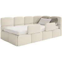 Selsey Cloudy – Jugendbett 90x200 cm, rechtsseitig, mit Bouclé-Bezug, Matratze und Rausfallschutz, Hellbeige
