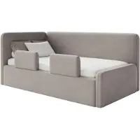 Selsey Fanko – Kinderbett 90x200 cm mit Rausfallschutz, Matratze, Kopfteil links, Samt, Graubeige