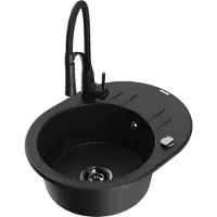 Mexen Kevin 1 Becken-Granitspüle mit Abtropffläche und Mischbatterie Aster, Schwarz - 6517-77-73450-70-B