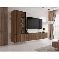 Mirjan 24 Wohnwand Tiwori, Stilvoll Wohnzimmer-Set, TV-Schrank, Modern Mediawand (Nuss Warmia / Nuss Warmia + Marmor Schwarz mit Weißer LED-Beleuchtung)