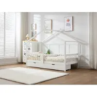 Vente-unique Bett in Hausoptik mit Schubladen + Matratze - 90 x 190 cm - Kiefer & MDF - Weiß - KIRALIO