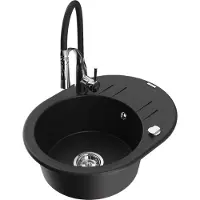 Mexen Kevin 1 Becken-Granitspüle mit Abtropffläche und Mischbatterie Aster, Schwarz - 6517-77-73450-07