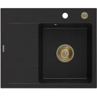 Mexen Ben Granitspüle 1-Becken mit Abtropffläche rechts 600 x 500 mm, schwarz, goldener Siphon - 6523605000-77-G