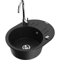 Mexen Kevin 1 Becken-Granitspüle mit Abtropffläche und Mischbatterie Telma, Schwarz - 6517-77-670200-00