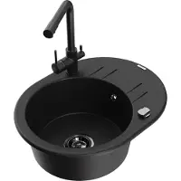 Mexen Kevin 1 Becken-Granitspüle mit Abtropffläche und Mischbatterie Duero, Schwarz - 6517-77-671600-70-B