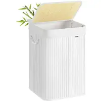 Helloshop26 Wäschekorb - - 95L - Bambusdeckel - Abnehmbarer Sack - Faltbare Griffe